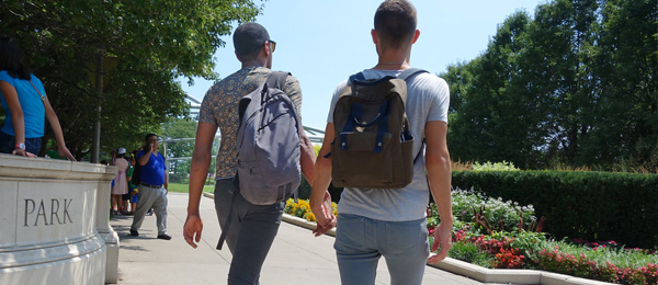 Couple walking in park together