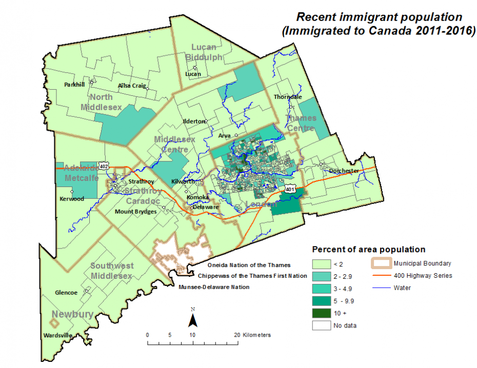 Figure 1.7.6: Recent immigrant population (immigrated to Canada 2011-2016) by dissemination area