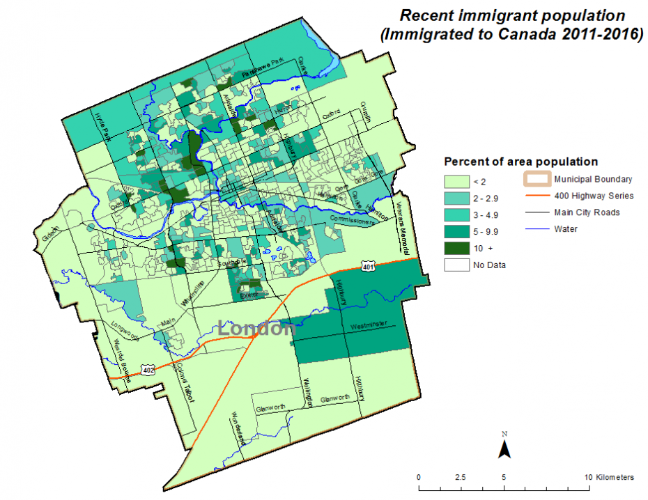 Figure 1.7.7: Recent immigrant population (immigrated to Canada 2011-2016) by dissemination area