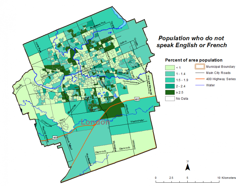 Figure 1.8.4: Population who do not speak English or French by dissemination area