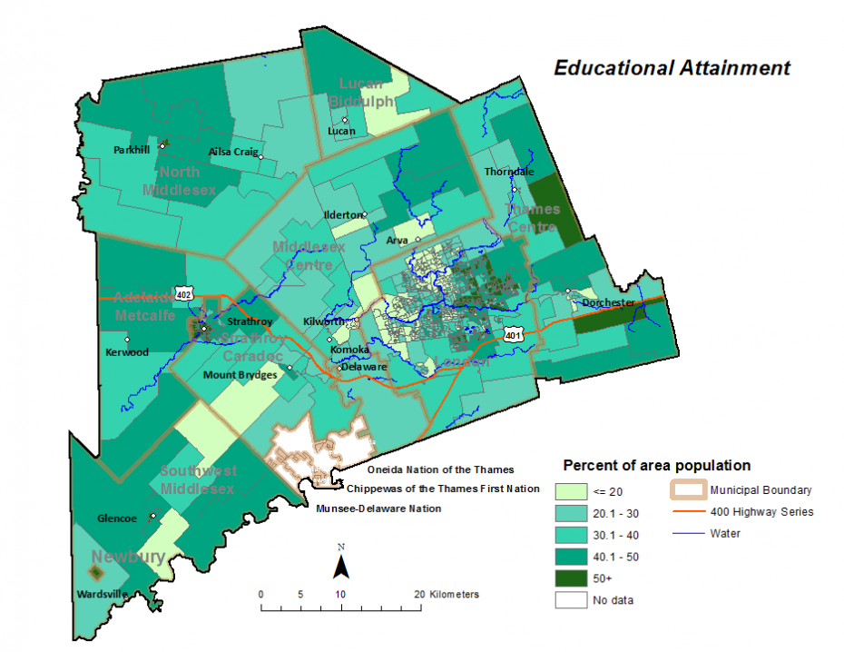 Figure 2.1.4: Population (age 25-64) who do not have a postsecondary certificate, degree or diploma by dissemination area
