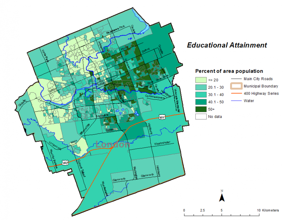 Figure 2.1.5: Population (age 25-64) who do not have a postsecondary certificate, degree or diploma by dissemination area