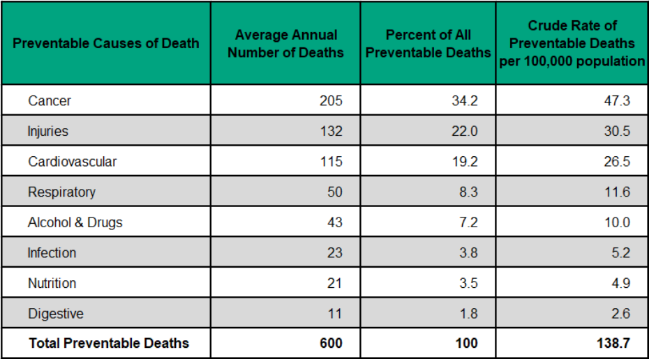 Figure 3.5.4: Preventable causes of death, count, percent and rate