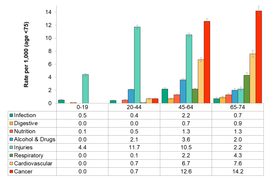 Figure 3.6.7: Preventable potential years of life lost by cause group by age group, rate per 1,000, age <75